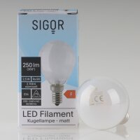 Sigor E14 LED Filament Tropfenlampe matt 2,5W (25W) 2700K...