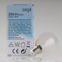 Sigor E14 LED Filament Tropfenlampe matt 2,5W (25W) 2700K warmweiß 250lm dimmbar