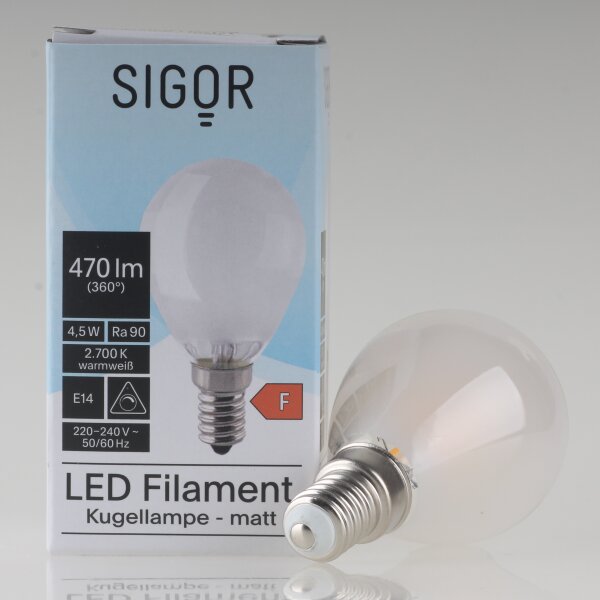 Sigor E14 LED Filament Tropfenlampe matt 4,5W (40W) 2700K warmweiß 470lm dimmbar
