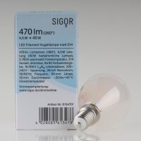 Sigor E14 LED Filament Tropfenlampe matt 4,5W (40W) 2700K warmweiß 470lm dimmbar