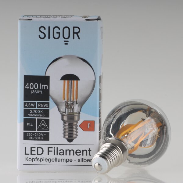 Sigor E14 LED Filament Kopfspiegellampe silber 4,5W (35W) 2700K warmweiß 400lm dimmbar