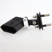 Eurostecker schwarz 250V/6A mit seitlicher Kabelführung und Schraubkontakten
