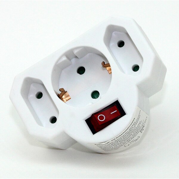 Steckdosenadapter weiß mit Schalter – 2x Eurosteckdose & 1x Schutzkontakt-Steckdose, 3500W